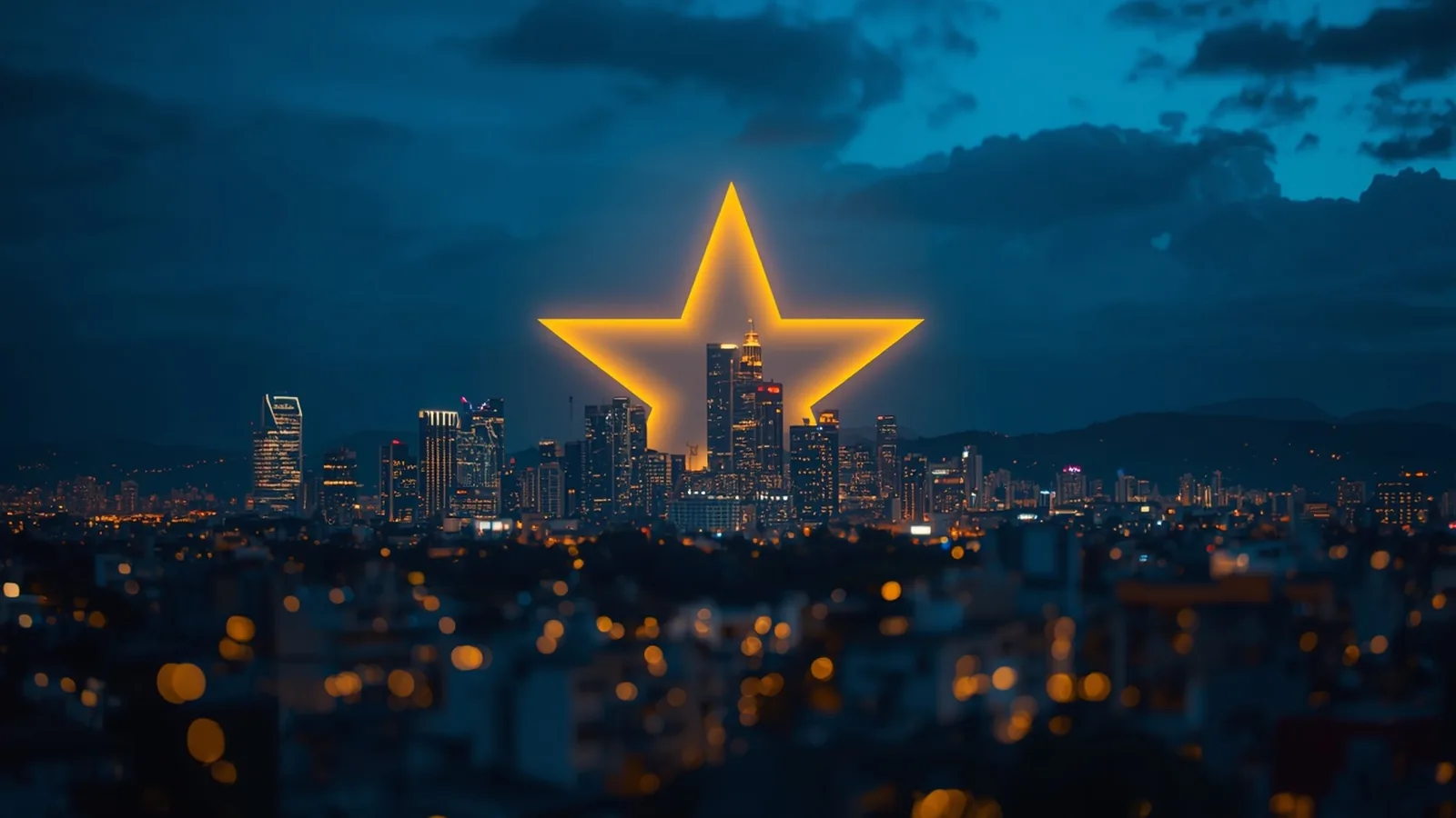 Skyline noturno de São Paulo com estrela amarela no céu — aplicativo Estrela Bet Android e iOS