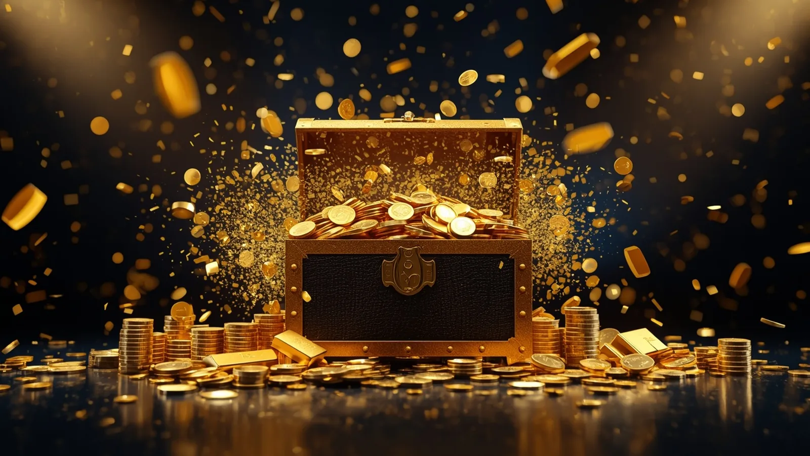 Baú do tesouro dourado transbordando moedas — bônus de boas-vindas Estrela Bet R$300