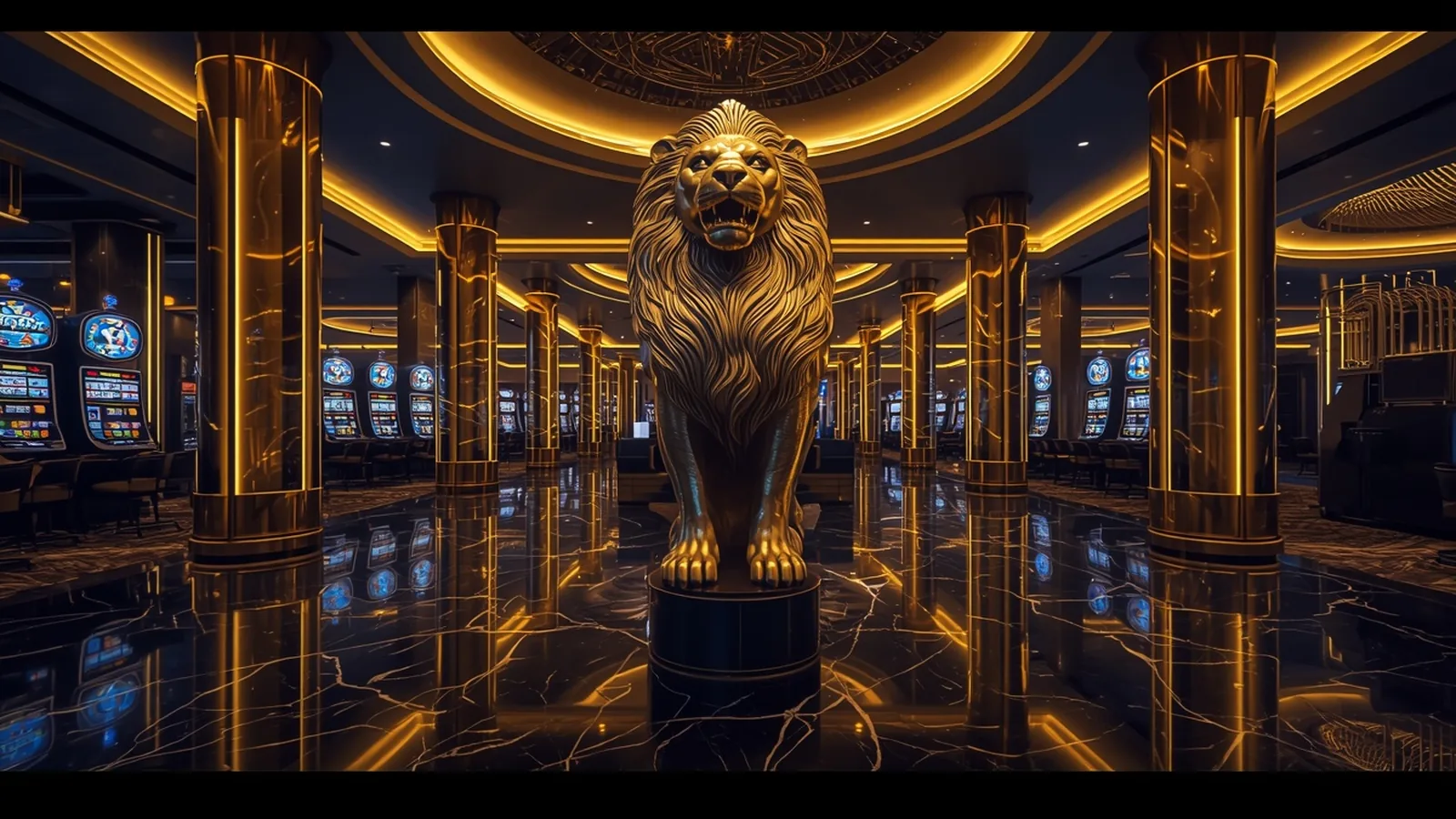 Lobby de cassino premium com escultura dourada de leão — cadastro Estrela Bet Brasil passo a passo
