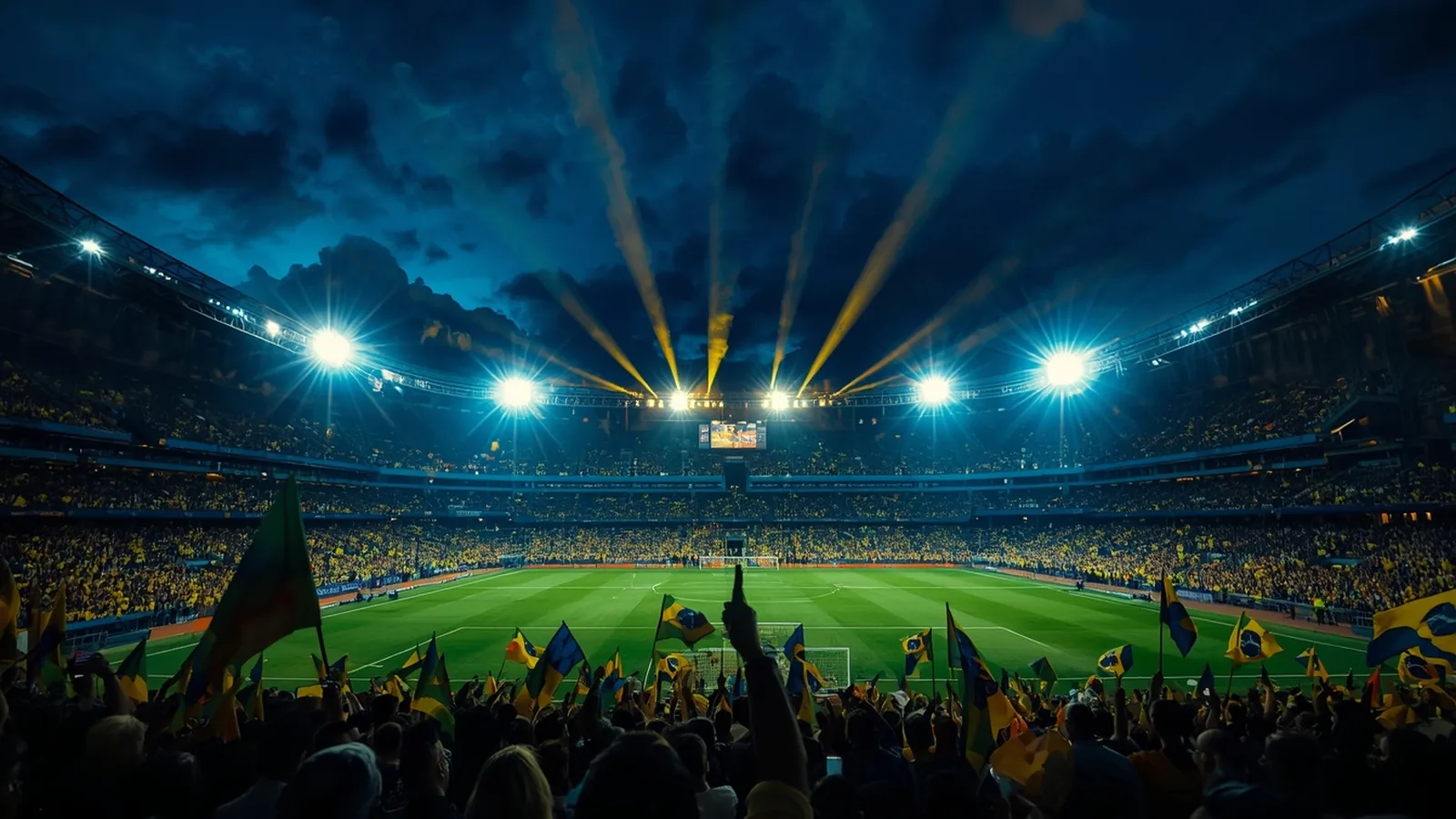 Estádio de futebol brasileiro à noite, torcida com bandeiras amarelas e luzes douradas — apostas esportivas Estrela Bet