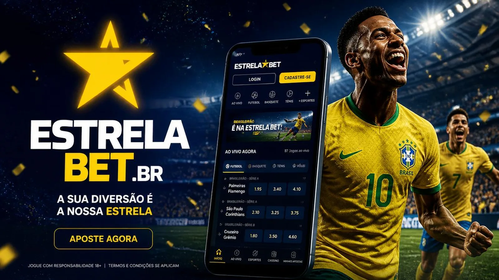 Estrela Bet Brasil — banner editorial cinematografico em azul-marinho e amarelo dourado, analise honesta 2026