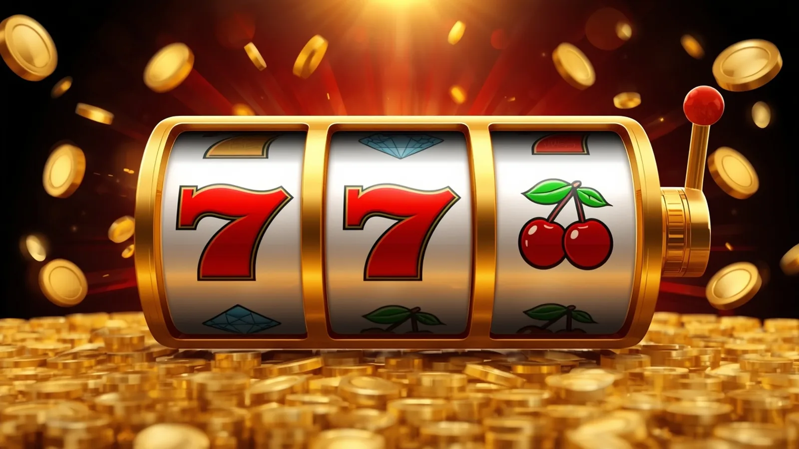Rolos dourados de slot machine com sete da sorte vermelho — pagamentos Pix instantâneo Estrela Bet